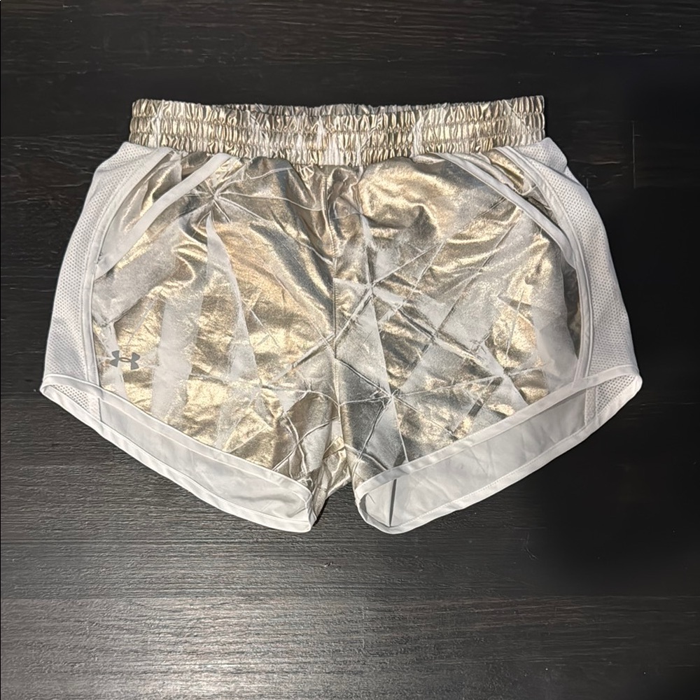 XS Under Armour Women's Gold and White Brief Lined Shorts  with drawstring tie